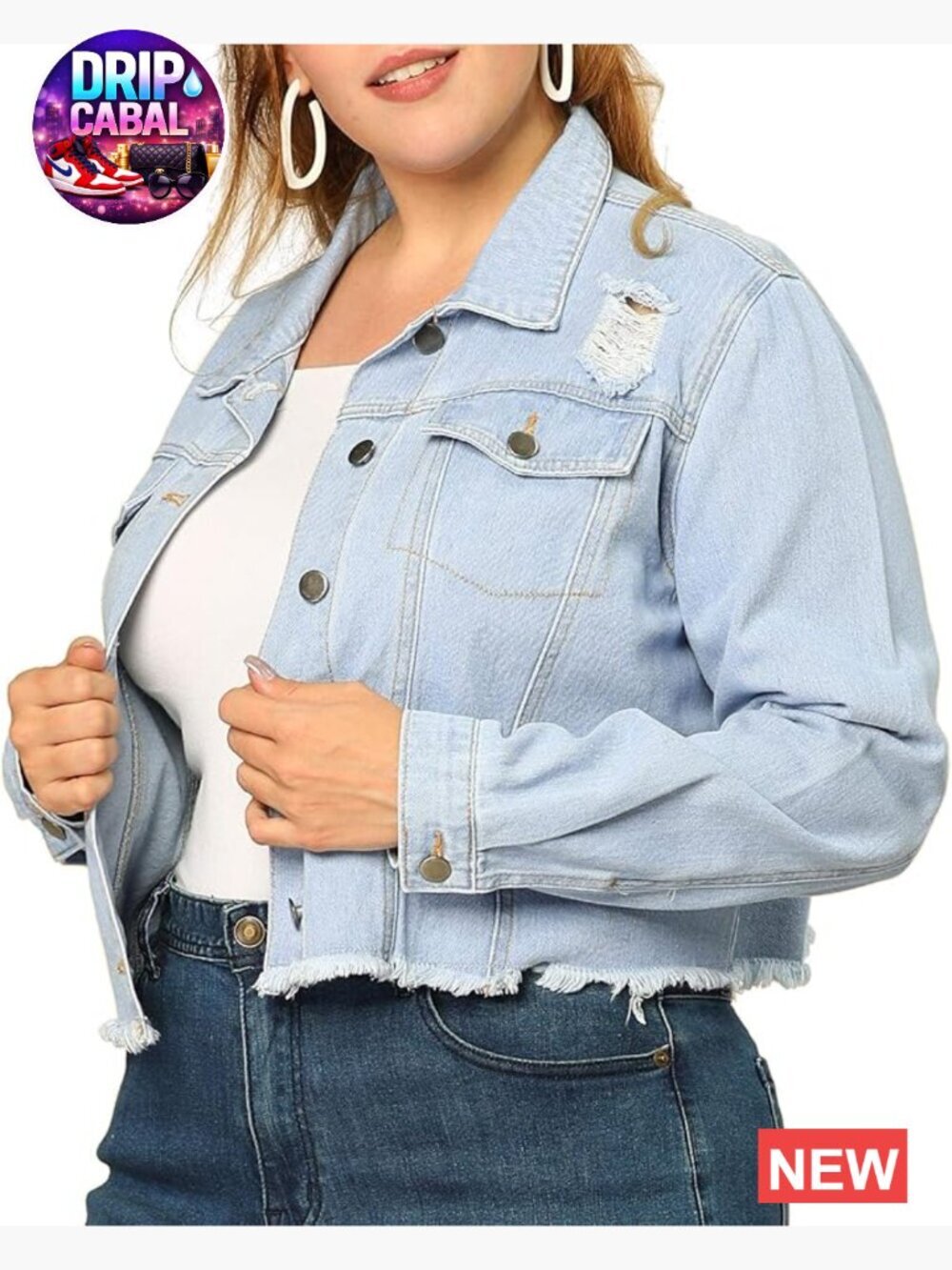 Washed Button Front Long Sleeve Ripped Frayed Crop Denim Jacket